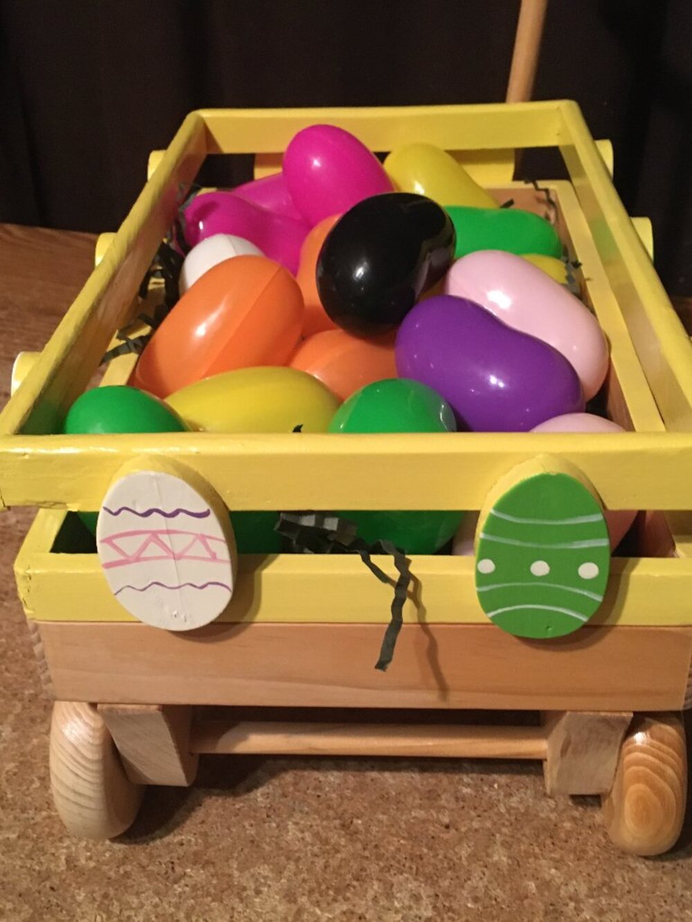 DECORATIVE WOOD TOY WAGON EASTER DECOR WITH PLASTIC EGGS